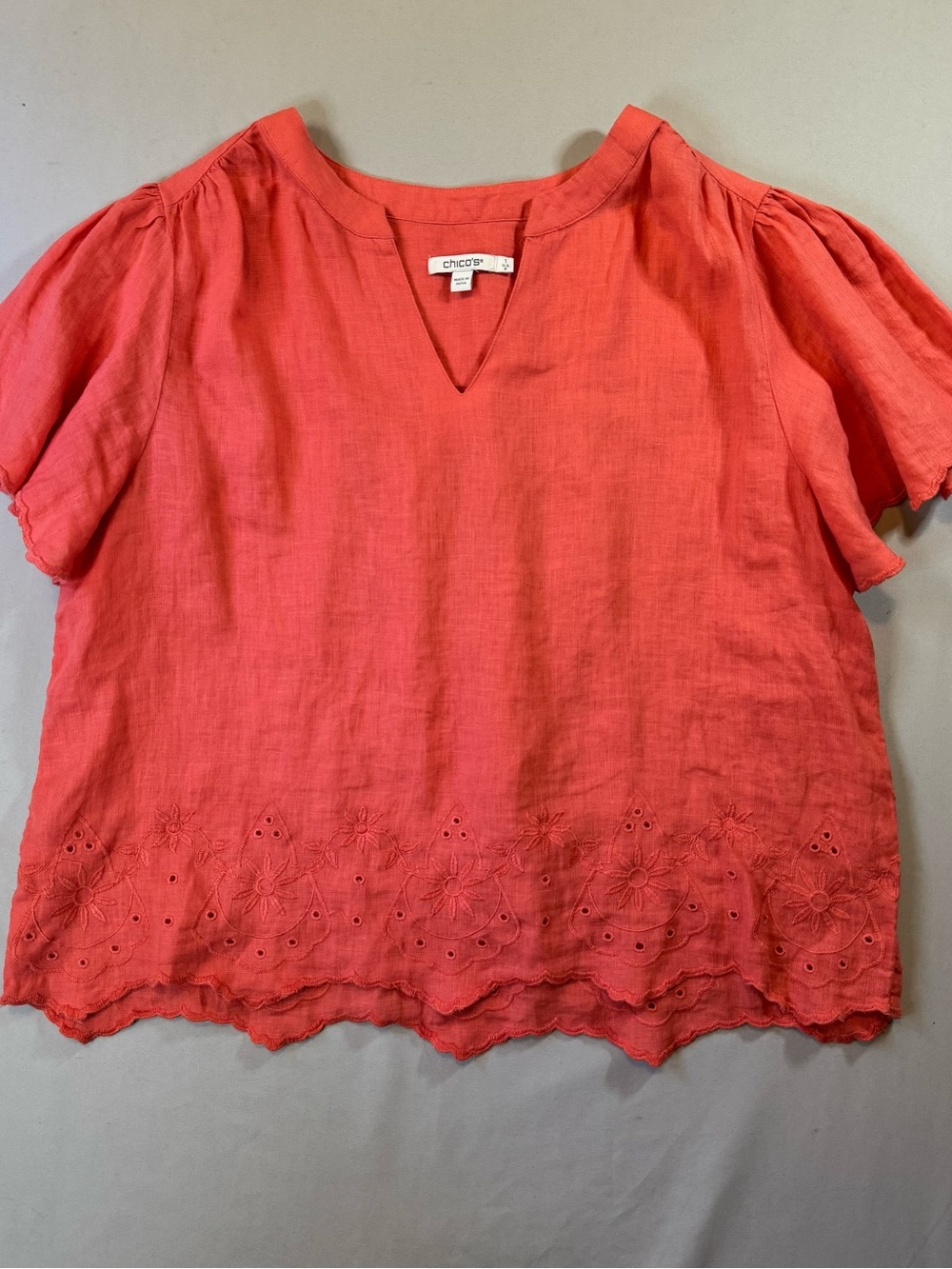 Chico's Coral Linen Eyelet-Hem Short Flutter Sleeve Top, Size 8/10